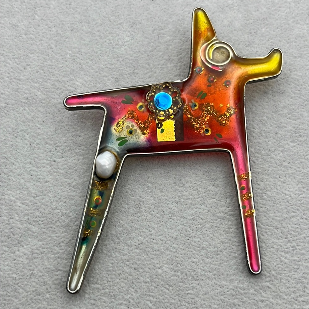 Yossi Steinberg colorful kitschy dog pin brooch handmade artisan acrylic resin